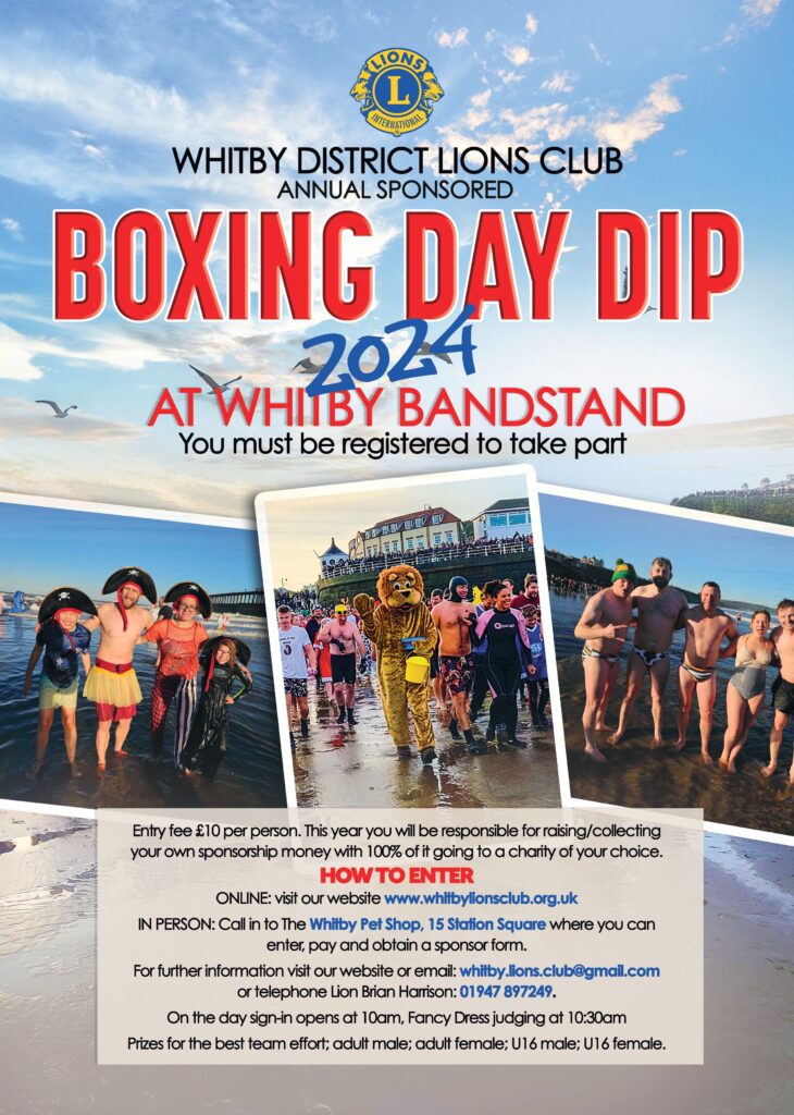 Whitby Lions Boxing Day Dip is back for 2024, register online or on the day. Entry costs £10 per entry. Prizes awarded for the best fancy dress entries.