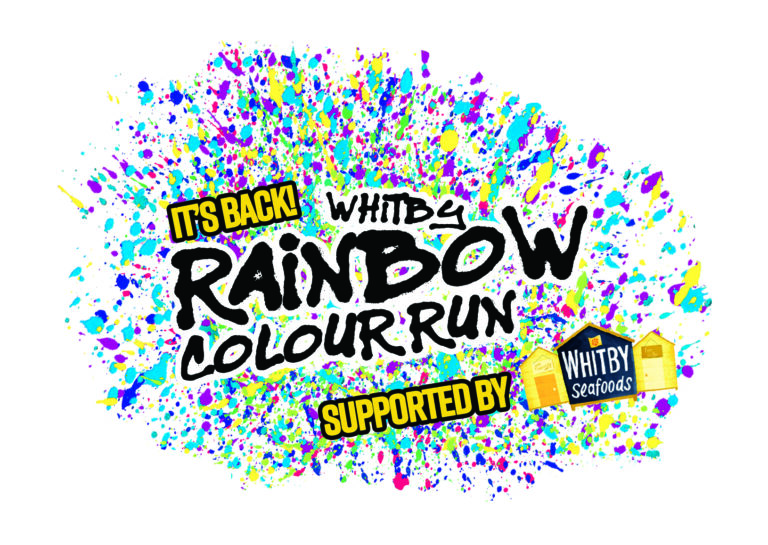 Whitby Lions Colour Run logo in black text with multi coloured paint splashes behind including the Whitby Seafoods logo.