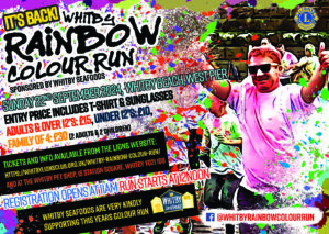 Whitby Rainbow Colour Run poster giving details of the event on Sunday 22nd September 2024 at 12:00, tickets available on this website.