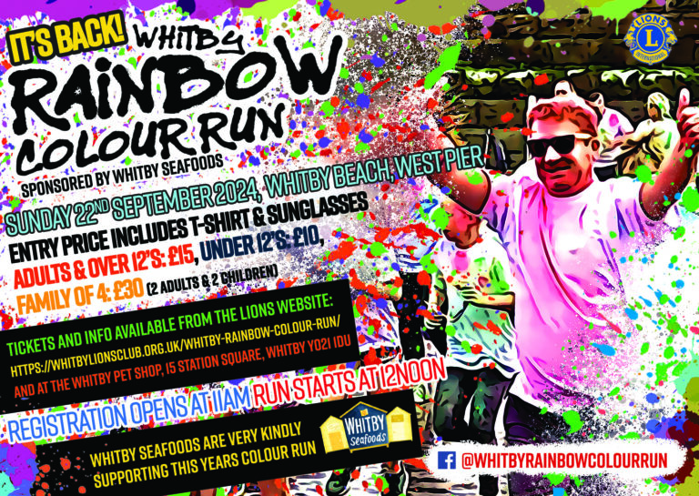 Whitby Rainbow Colour Run poster giving details of the event on Sunday 22nd September 2024 at 12:00, tickets available on this website.