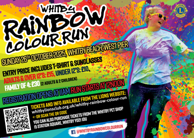 Whitby Lions Club Rainbow Colour Run is being held on Sunday 26th October 2025. For event information and registration, please visit our website www.whitbylionsclub.org.uk/whitby-rainbow-colour-run.